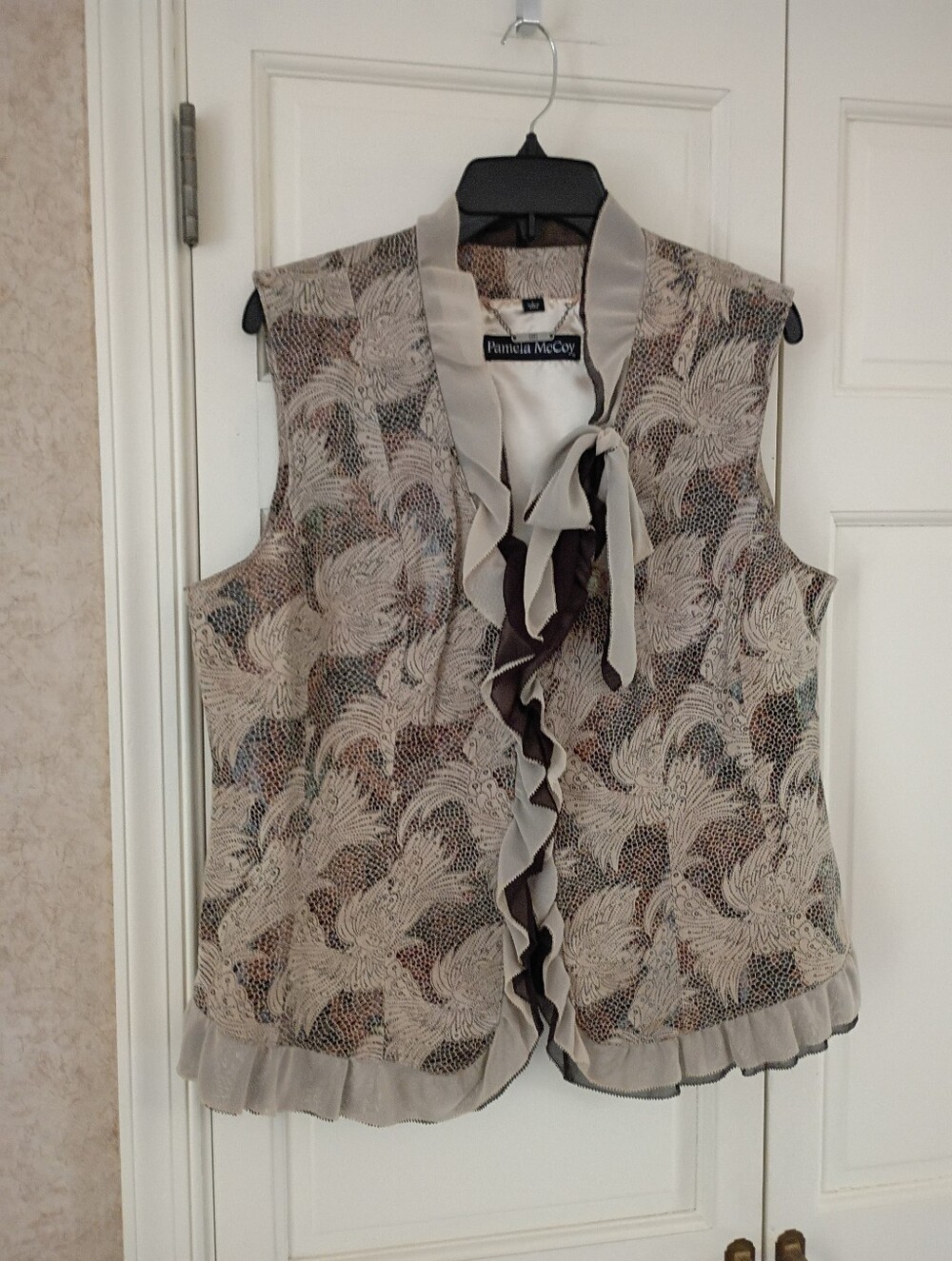 Neutral Ruffle Tie-Front Leather Vest .Pit To Pit 21" Length 23